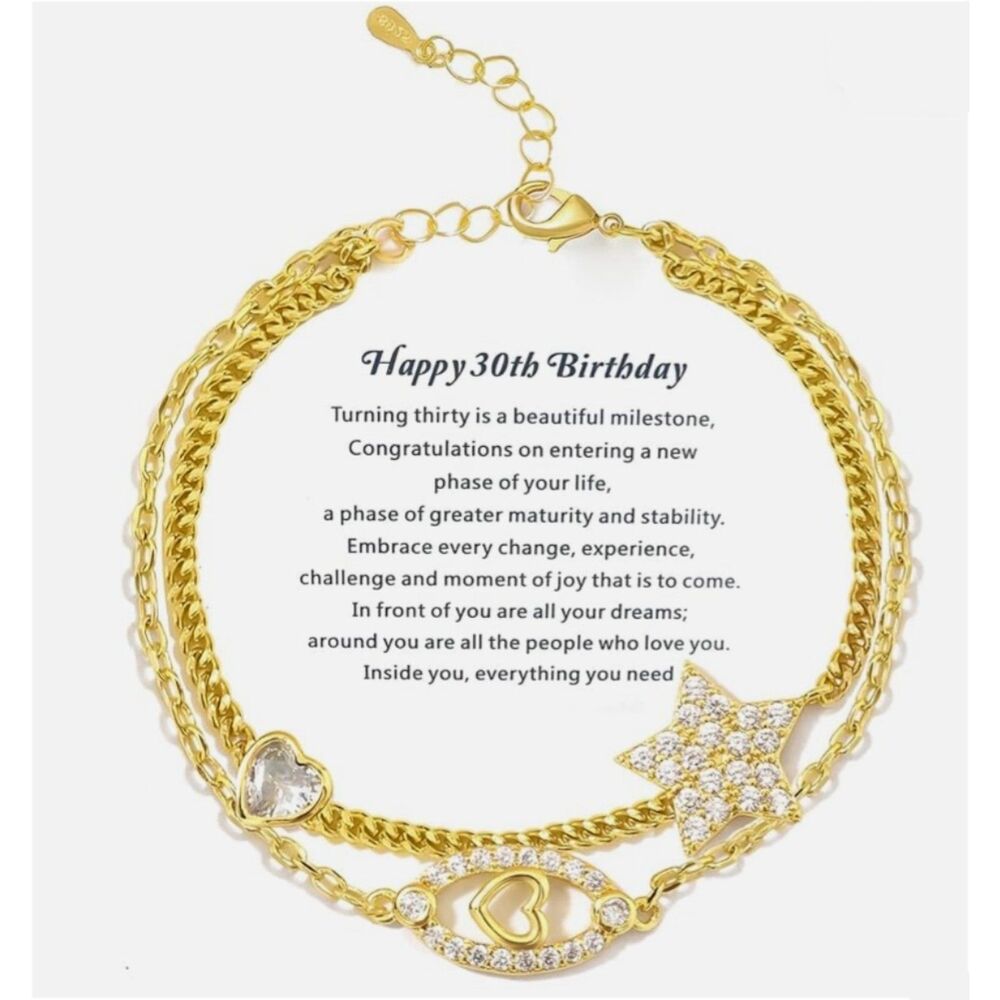 30th Birthday Double Strand Gold & Rhinestone Bracelet w/ Gift Box & Phrase